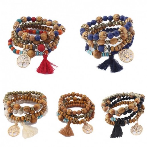 Bracelet en perle de bois élastique - 5 couleurs au choix